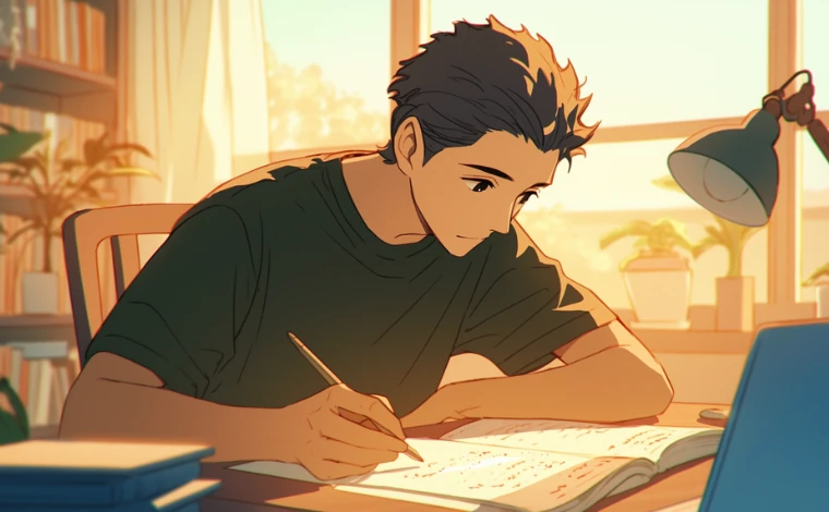 20代の部屋着を着た男性が、自宅の机で、ノートにメモを真剣な表情で書いている。
