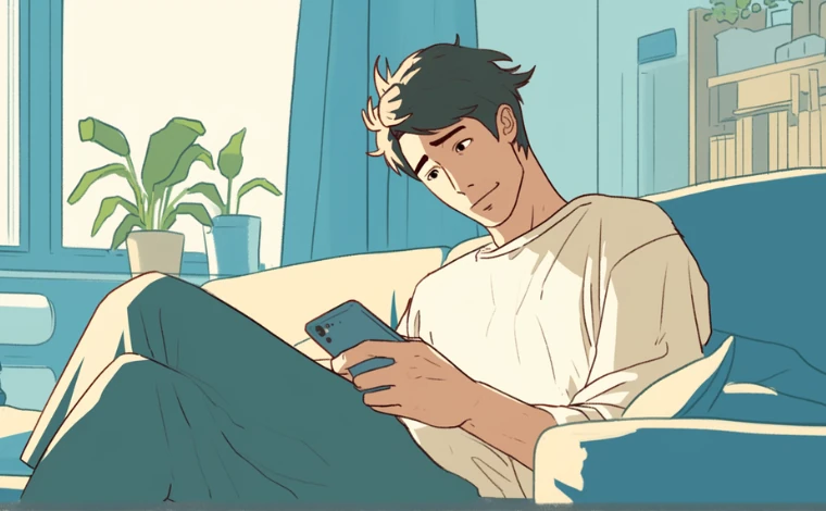20代の部屋着を着た男性が、自宅でソファに座り、スマートフォンを持ちながら笑みを浮かべている。