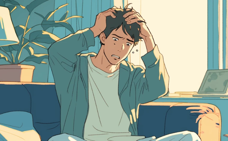 20代の部屋着を着た男性が、自宅でソファに座り、頭を抱え困っている。