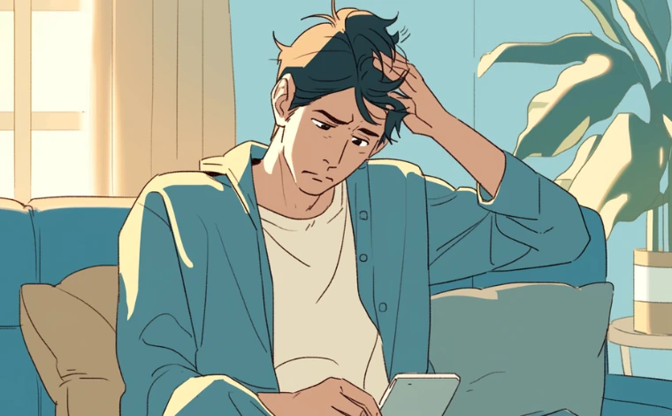 20代の部屋着を着た男性が、自宅でソファに座り、困った表情でスマートフォンを眺めている。