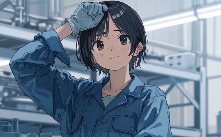 作業服を着た女性が工場で、困った表情をしている