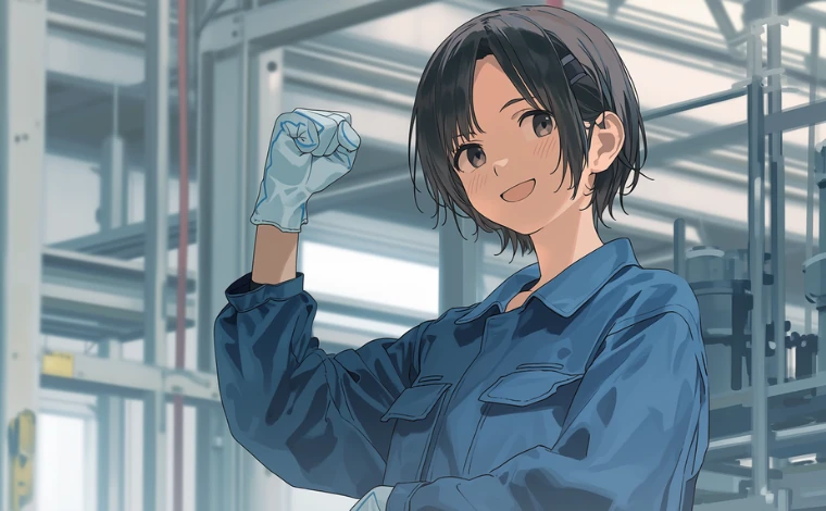 作業服を着た女性が工場で、笑顔で拳を握り、突き上げている