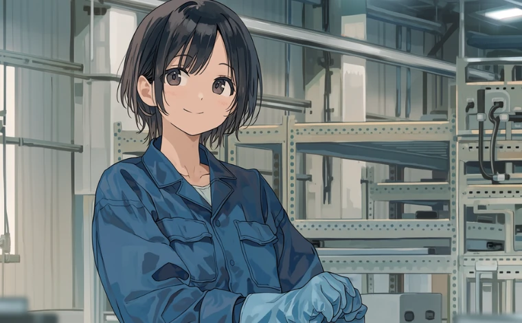 作業服を着た女性が工場で、笑みを浮かべている