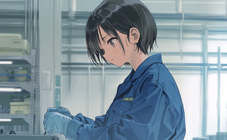 作業服を着た女性が工場で、真剣な表情で作業している