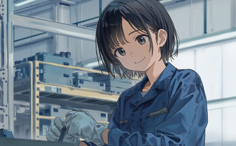 作業服を着た女性が工場で、笑顔で作業している