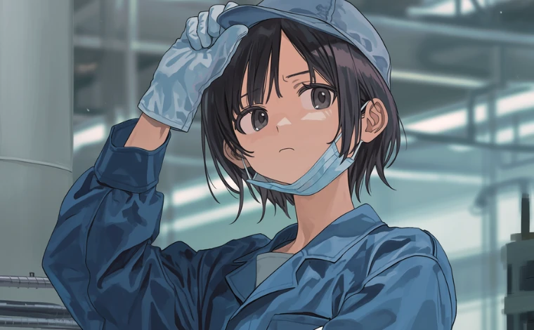 帽子とマスク、作業服を着た女性が、工場で困った表情をしている