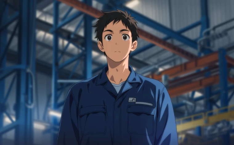 作業服を着た若い男性が、工場で暗い表情を浮かべている