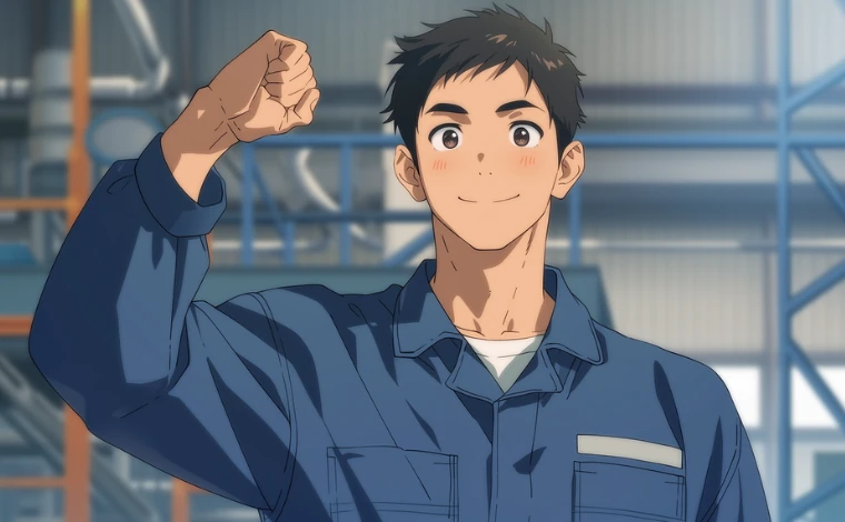 作業服を着た若い男性が、工場で笑みを受けべながら、握った拳を突き上げている