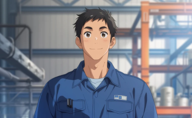 作業服を着た若い男性が、工場で笑顔で前向きな表情を浮かべている
