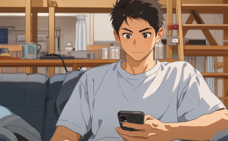 普段着を着た若い男性が、自宅でスマートフォンを真剣に見つめている