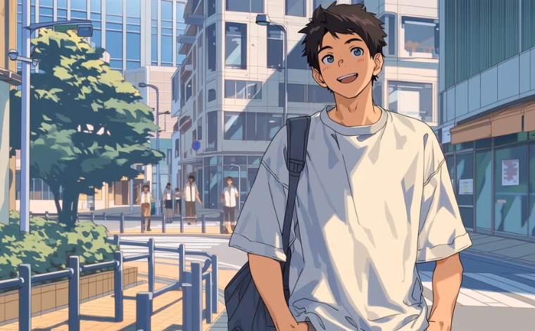 若い男性が街中を楽しそうに歩いている