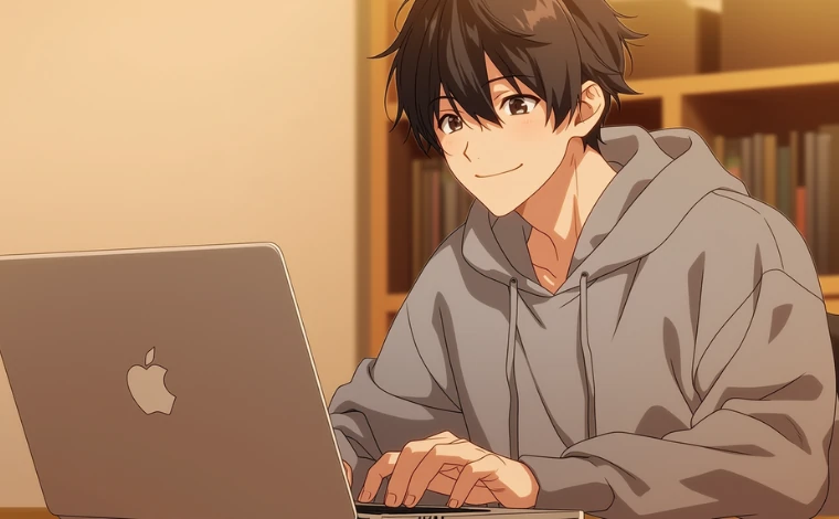 20代の男性が自宅でMacBookを笑みを浮かべながら、楽しそうに操作している。