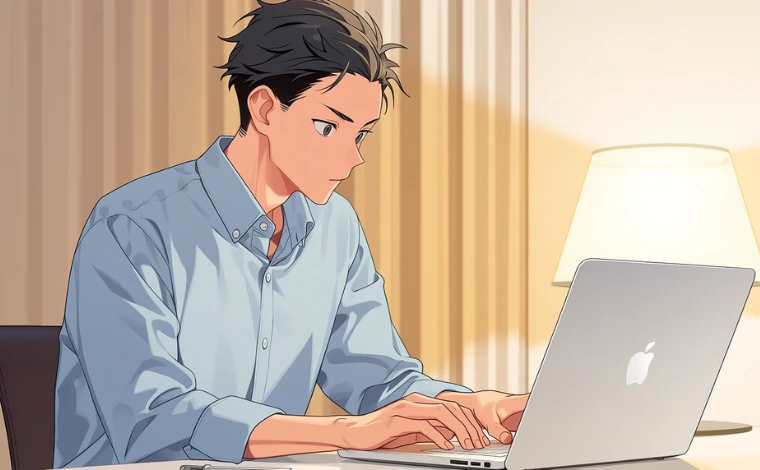 若い男性が自宅で、真剣な表情でノートパソコンを操作している。