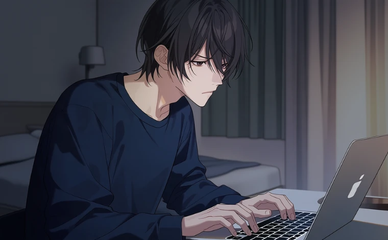 若い男性が真剣な表情でノートパソコンを操作している