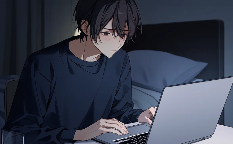 若い男性が自宅でノートパソコンに向かい、困った表情を浮かべている