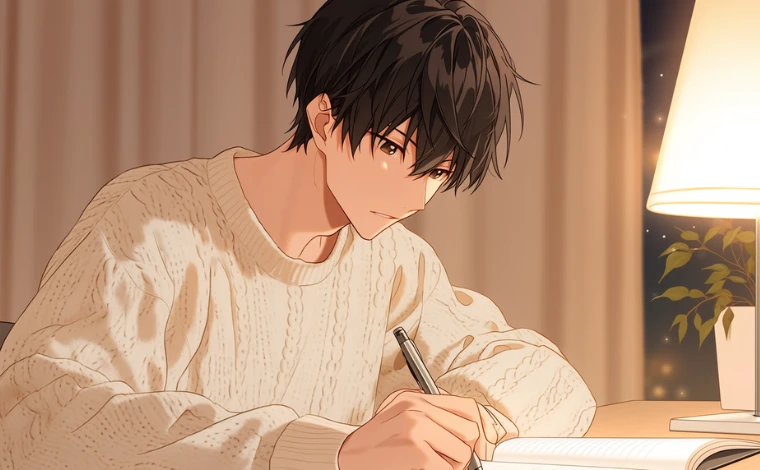 若い男性が自宅で机に向かい、ノートにメモを書いている
