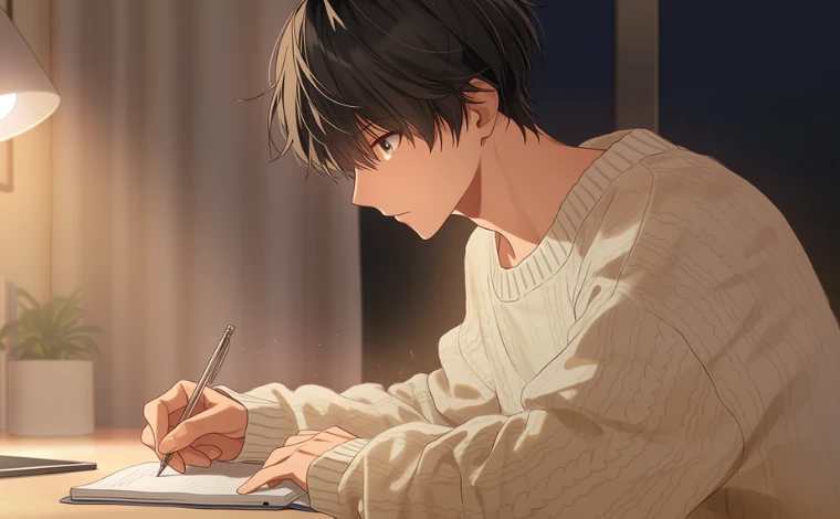 若い男性が自室で机に向かい、ノートのメモを書いている。