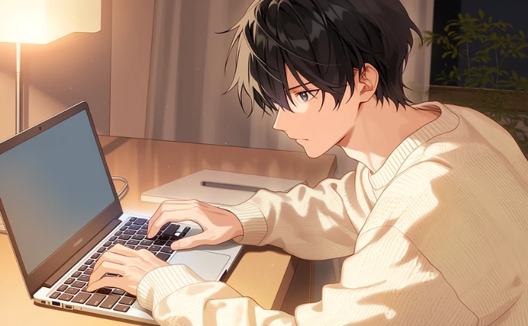 若い男性が自室で机に向かい、ノートパソコンを真剣に操作している。